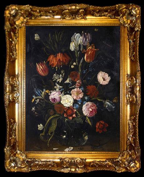 framed  Jan Van Kessel the Younger A still life of tulips, a crown imperial, snowdrops, lilies, irises, roses and other flowers in a glass vase with a lizard, butterflies, a dragonfly a, ta009-2
